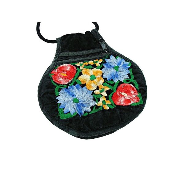 Hand Embroidered Velvet Mini Crossbody Bag Purse Multicolor Floral Stitched Flat - Picture 2 of 12